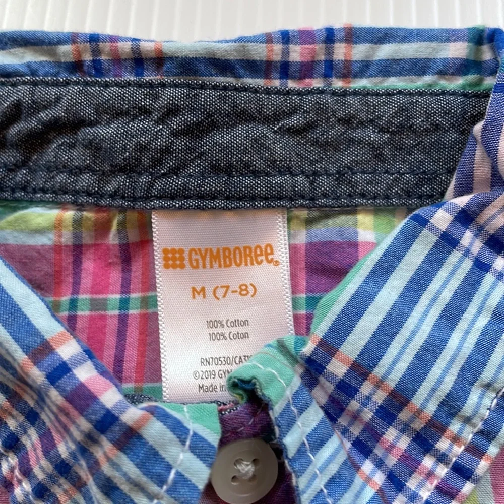 Gymboree blue, white, pink & green plaid long sleeve button down.  Boy Medium